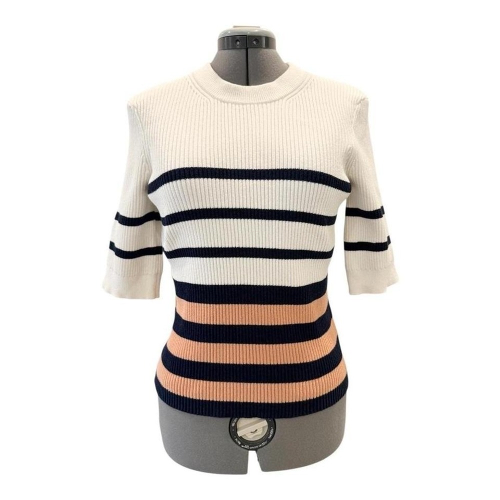 FRAME Ribbed Knit Striped Sweater White Navy Blue Peach Elbow Sleeve Womens L - Picture 3 of 8